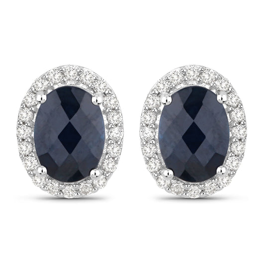 Boucles d'oreilles en or blanc 1 4 carats, saphir bleu véritable et diamants blancs, 2,16 carats