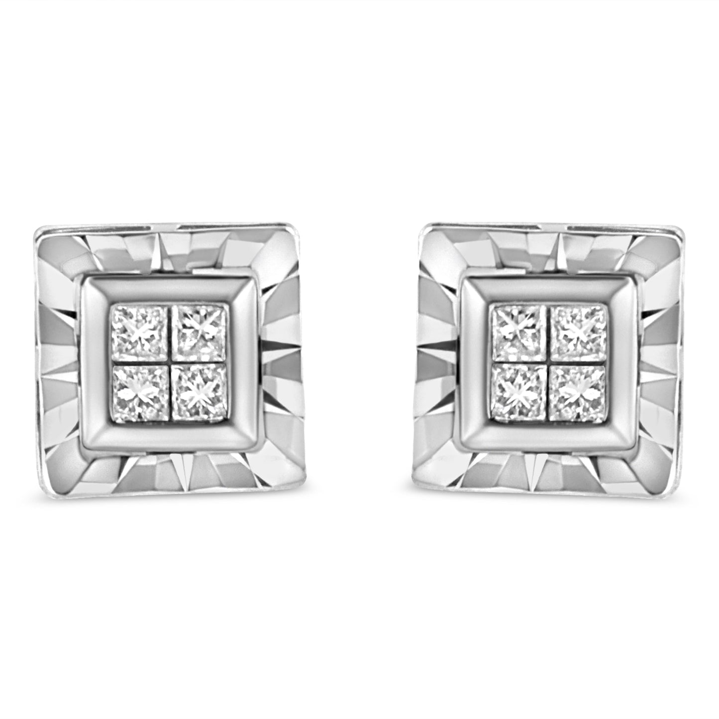 .925 Sterling Silver 1/6 Cttw Invisible Set Princess-Cut Diamond Quad Composite Stud Earrings (H-I Color, I1-I2 Clarity)