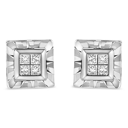 .925 Sterling Silver 1/6 Cttw Invisible Set Princess-Cut Diamond Quad Composite Stud Earrings (H-I Color, I1-I2 Clarity)