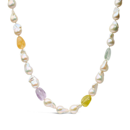 Collier en or jaune 14 carats avec citrine, améthyste et perles baroques – 45,7 cm