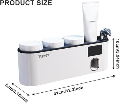 Toothbrush Cleaning Holder, Self Adhesive Toothbrush Holder with 3 Cups, Automatic Toothpaste Squeezer Dispenser Bathroom Accessories Set (White)