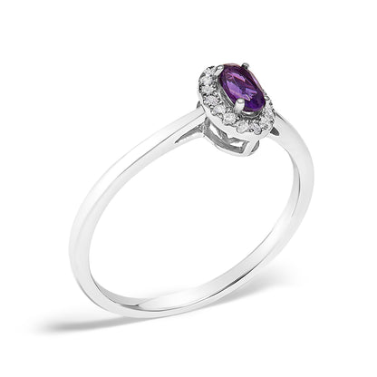 10K White Gold 5X3MM Oval Purple Amethyst and Diamond Accent Halo Ring (I-J Color, I1-I2 Clarity) - Ring Size 6.5