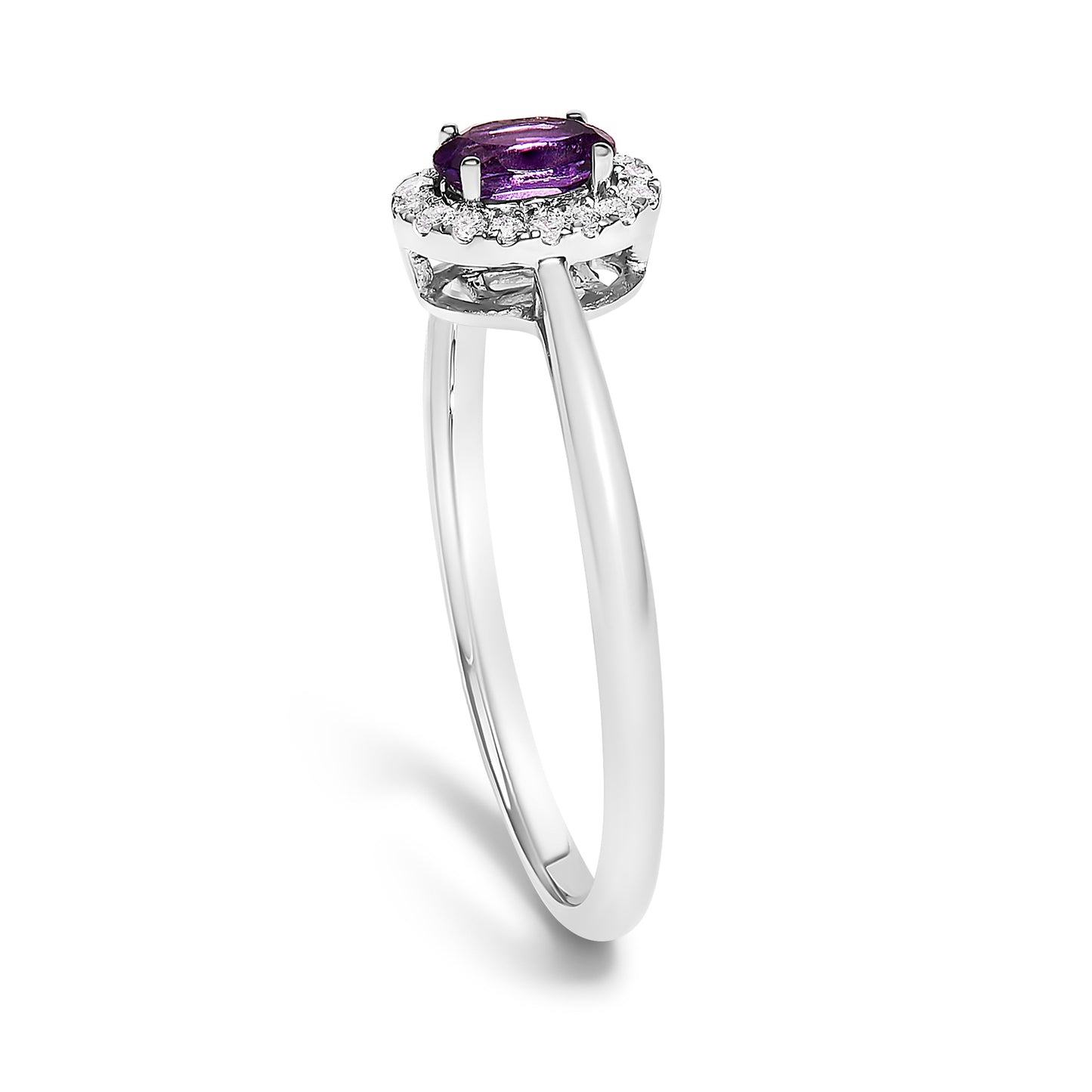 10K White Gold 5X3MM Oval Purple Amethyst and Diamond Accent Halo Ring (I-J Color, I1-I2 Clarity) - Ring Size 6.5