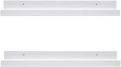 AZSKY White Floating Shelves Wall Mounted Set of 2, 24 Inch Picture Ledge Shelf for Storage Bedroom Bathroom Kitchen Living Room Office Modern Rustic Style Display Shelves (Solid Pine Wood)