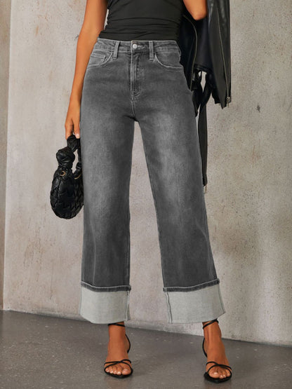 High Waisted Straight Leg Rolled Jeans