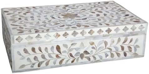 Decorative Storage Box Of Mother Of Pearl Inlay Floral Design Wooden Storage Box For Home Decoration For Living Dining & Bedroom (White_12x8x5 inch)