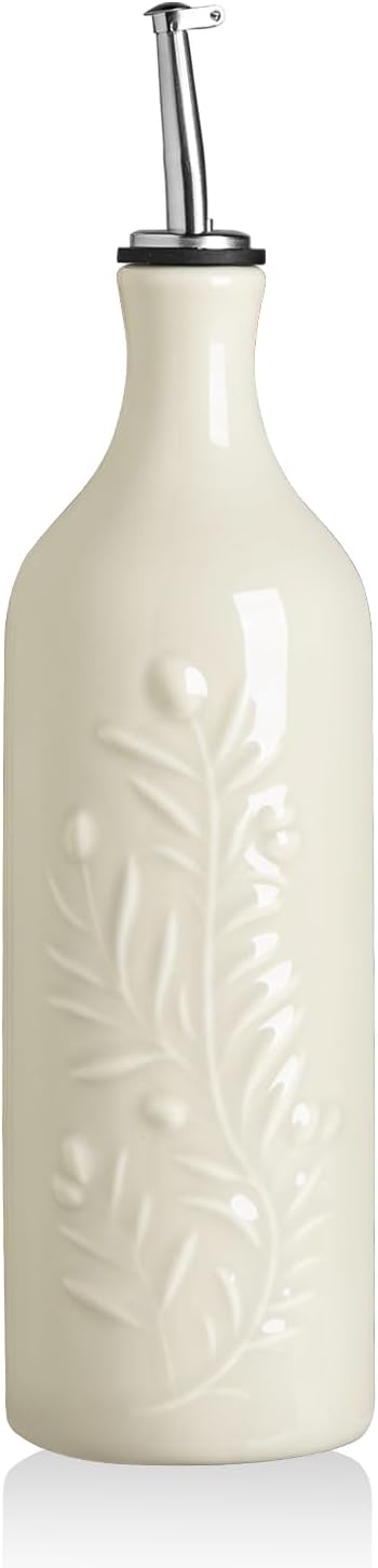 Sweejar Large Olive Oil Dispenser Bottle with Spout, 24 Oz Ceramic Oil Dispenser for Kitchen, Relief Opaque Oil Cruet, Oil Container for Cooking, EVOO, Avocado Oil, Vinegar, Pack of 1 (Beige)