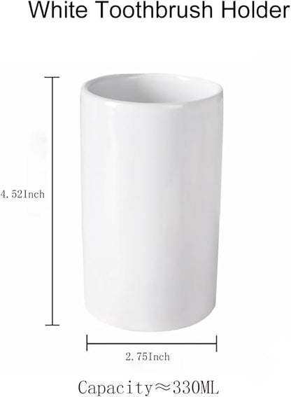 White Ceramic Toothbrush Holder, Tumbler Cups Reusable Toothbrush Mouthwash Cup,Makeup Brush Holder, Bathroom Counter Organizer(300ml)