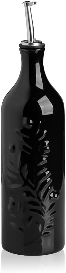 Sweejar Large Olive Oil Dispenser Bottle with Spout, 24 Oz Ceramic Oil Dispenser for Kitchen, Relief Opaque Oil Cruet, Oil Container for Cooking, EVOO, Avocado Oil, Vinegar, Pack of 1(Black)