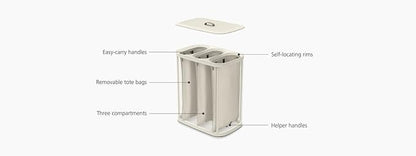 Joseph Joseph Tota Trio 90 liter/23.8 gallon Laundry Hamper Separation Basket with lid, 3 Removable Washing Bags with Handles- Ecru