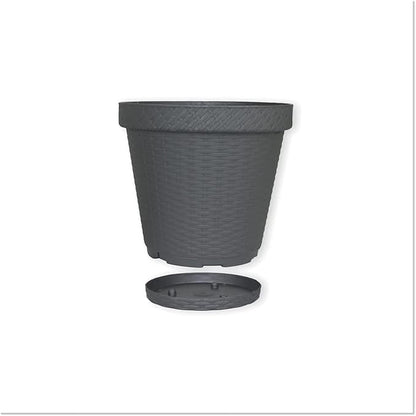 Elly Décor Set of 2 10 inch Round Saucer Modern Self Watering Planter Plates, Pots with Rattan-Like Finish, 10x10 Onix Gray