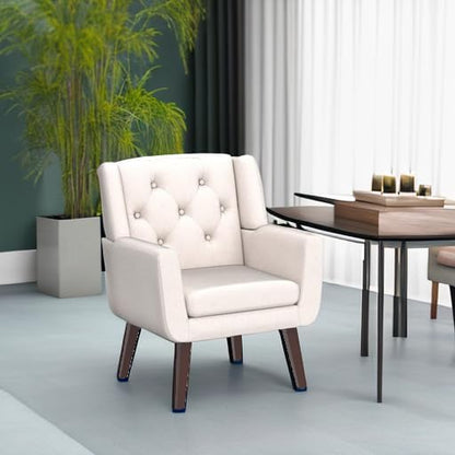 Living&Giving Accent Chair Button-Tufted Upholstered Living Room Chairs Comfy Reading Mid Century Modern with Linen Fabric Lounge Arm for Bedroom (Beige) 29.33D x 28.94W x 34.65H Inch