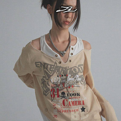 Vintage Print Off Shoulder Long Sleeve T-Shirt