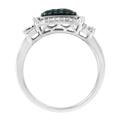 Black Rhodium Plated .925 Sterling Silver 1/2 Cttw White & Blue Diamond Square Halo Cocktail Ring (Fancy Blue & H-I Color, I2-I3 Clarity) - SIze 6