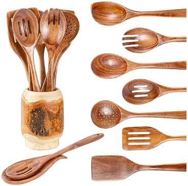 Gudamaye 13 inch Long Wooden Spoons for Cooking,Wooden Utensils for Cooking with Utensils Holder,9 PCES Wooden Kitchen Utensils Set with Utensils Holder and Spoon Rest,Natural Teak Wooden Spoons Set