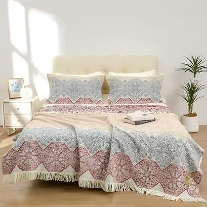 Boho Muslin Blanket for Adults 4-Layer Gauze Twin Size Soft Cozy 100% Cotton Summer Cooling Blanket Floral Decor for Sofa Bed Coverlet Both Sides (Tassels Boho, 80 x 90 in)