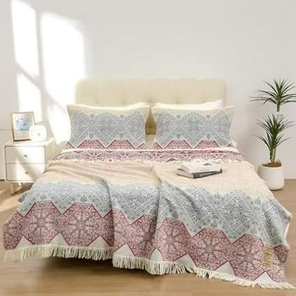Boho Muslin Blanket for Adults 4-Layer Gauze Twin Size Soft Cozy 100% Cotton Summer Cooling Blanket Floral Decor for Sofa Bed Coverlet Both Sides (Tassels Boho, 80 x 90 in)