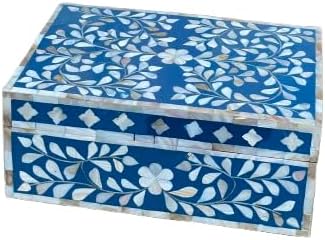 Decorative Storage Box Of Mother Of Pearl Inlay Floral Design Wooden Storage Box For Home Decoration For Living Dining & Bedroom (Navy Blue_12x8x5 inch)