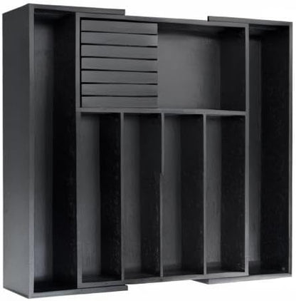 VaeFae Premium Bamboo Silverware Drawer Organizer Kitchen, Expandable Utensil Organizer with Knife Block, Cultery Tray with Divider for Flatware (Black)