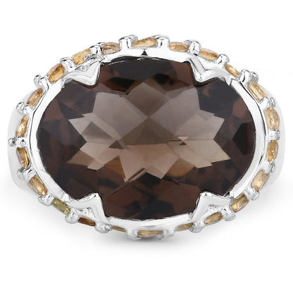 9.58 Carat Genuine Smoky Quartz and Citrine .925 Sterling Silver Ring