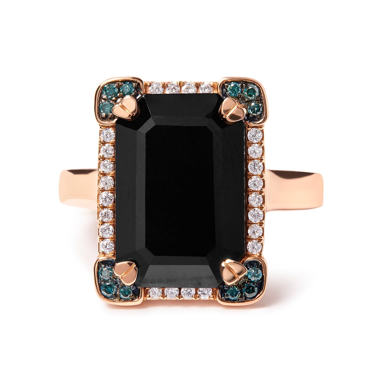 14K Rose Gold 15x10 MM Emerald-Cut Black Onyx and 1/5 Cttw Blue and White Diamond Halo Cocktail Ring (G-H Color, SI1-SI2 Clarity)- Size 7