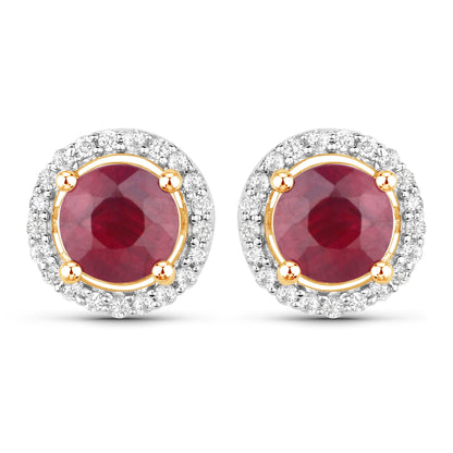 1.22 Carat Genuine Ruby and White Diamond 14K Yellow Gold Earrings