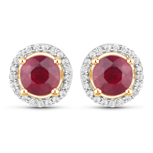 1.22 Carat Genuine Ruby and White Diamond 14K Yellow Gold Earrings