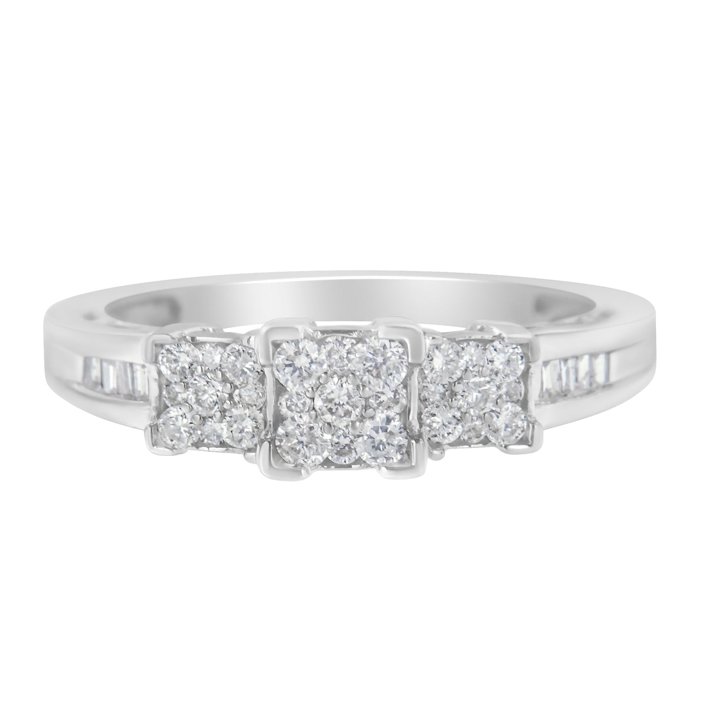 10K White Gold 1/2 Cttw Brilliant & Baguette Cut Diamond 3 Stone Design with 3 Square Clusters Engagement Ring (H-I Color, SI2-I1 Clarity) - Size 6-3/4