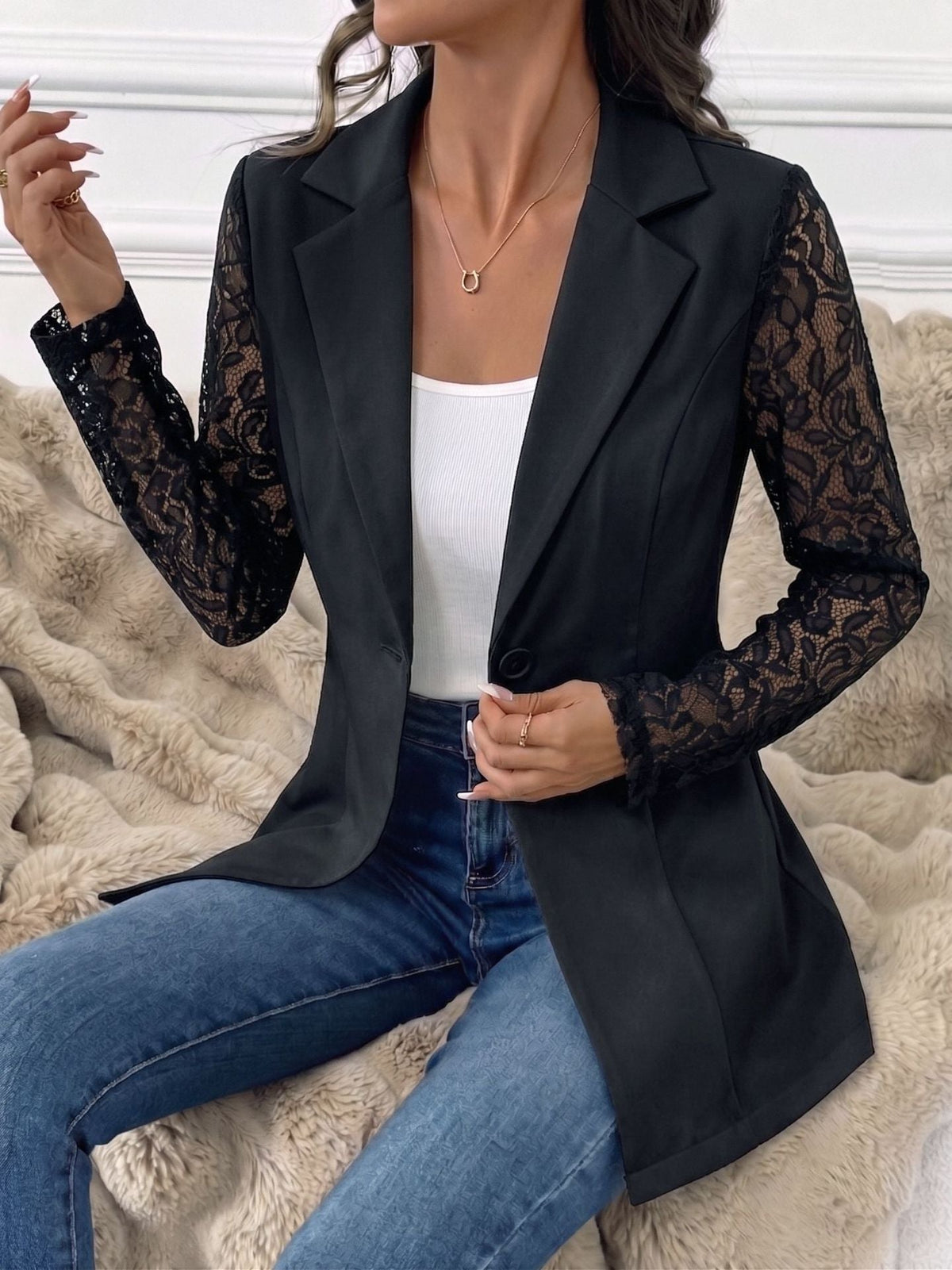 European And American Cross-border 2026 Autumn New Fashion Lapel Slim-fit One-button Blazer With Lace Long-sleeve Patchwork Jacket