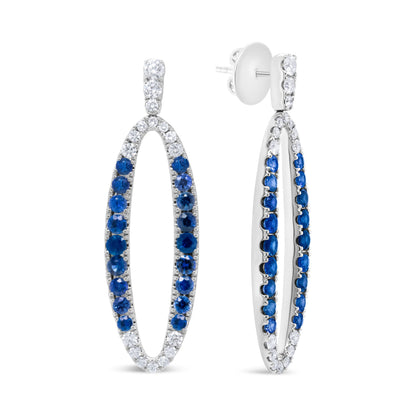 18K White Gold 1.11 Cttw Blue Round Diamond and Blue Sapphire Openwork Oval Shaped Dangle Earrings (F-G Color, VS1-VS2 Clarity)
