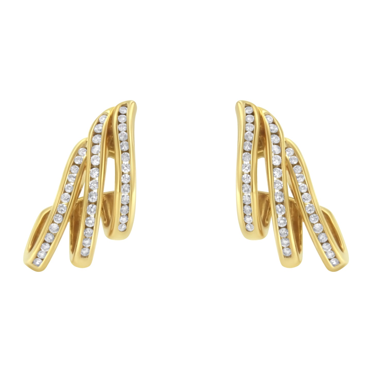 10K Yellow Gold 1.0 Cttw Round Brilliant Cut Diamond Spiral Multi Row Channel Set Open Hoop Pushback Stud Earrings (H-I Color, I1-I2 Clarity)