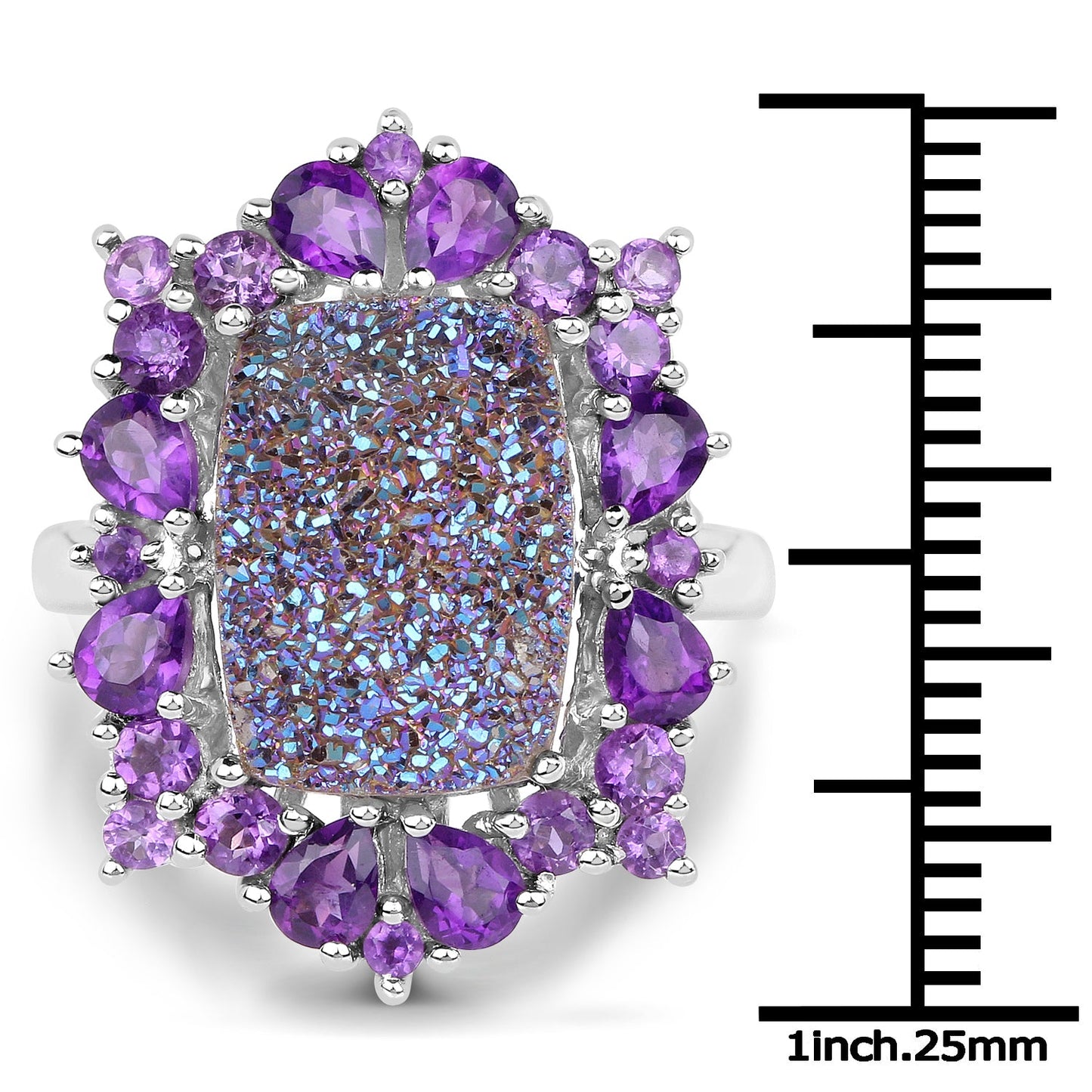 5.97 Carat Genuine Drusy Quartz and Amethyst .925 Sterling Silver Ring