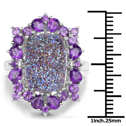 5.97 Carat Genuine Drusy Quartz and Amethyst .925 Sterling Silver Ring
