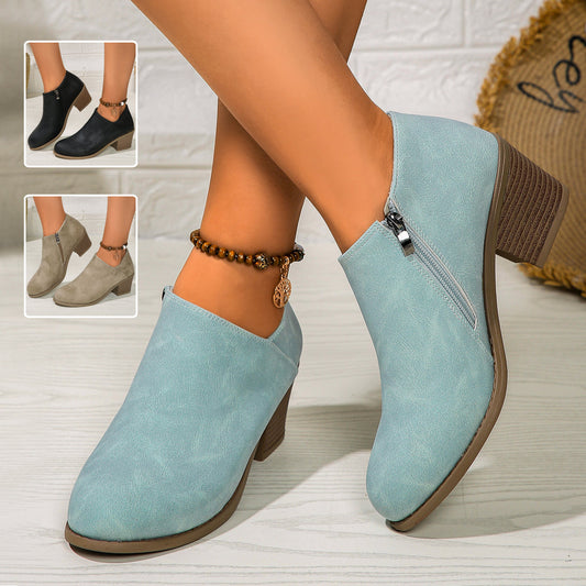 Botines de tacón grueso con punta redonda y cremallera lateral, botines cortos de moda para mujer para otoño e invierno
