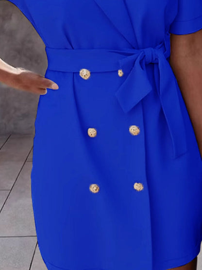 Lapel Collar Short Sleeve Tie Waist Mini Dress