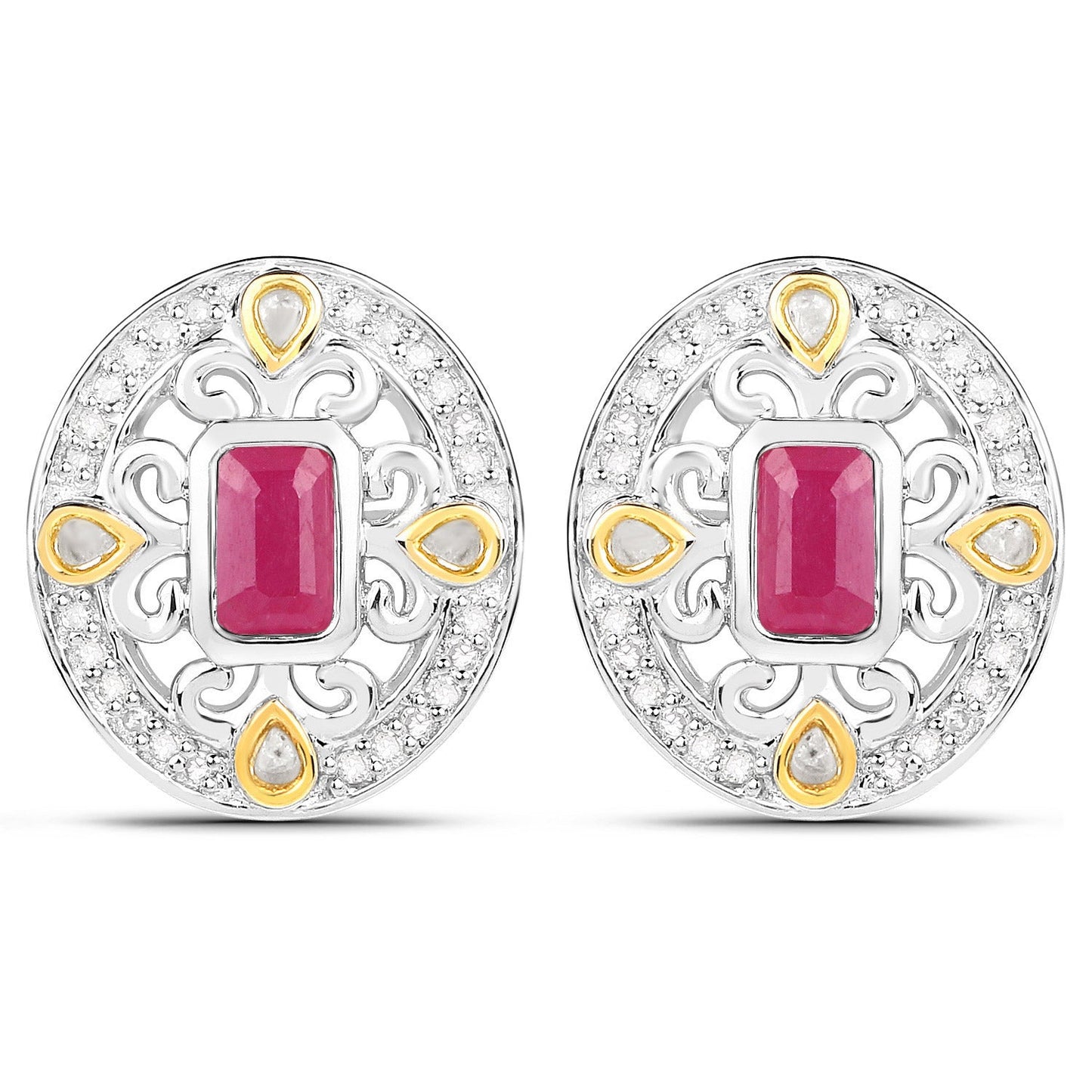 0.77 Carat Genuine Ruby and White Diamond .925 Sterling Silver Earrings