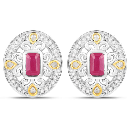 0.77 Carat Genuine Ruby and White Diamond .925 Sterling Silver Earrings