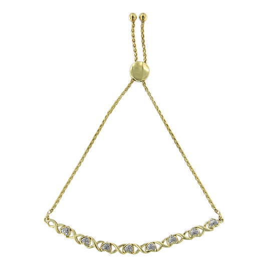 Bracelet bolo ajustable en or jaune 10 carats sur argent sterling .925, avec cœur en diamant de 1/10 carat (H-I, I2-I3) et maillons en X, de 6 à 9 pouces.