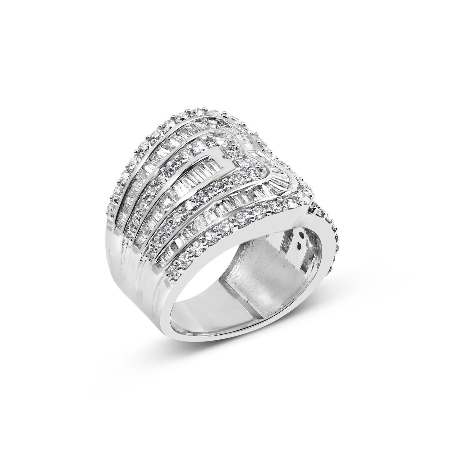 10K White Gold 2 1/2 Cttw Round and Baguette-Cut Diamond Multi-Row Bypass Ring (J-K Color, I2-I3 Clarity) - Ring Size 7