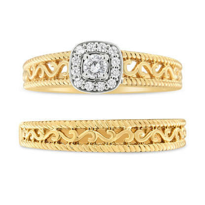 14K Yellow Gold Plated .925 Sterling Silver 1/5 Cttw Diamond Halo and Milgrain Finish Engagement Ring Bridal Set (I-J Color I3 Clarity) - Size 7