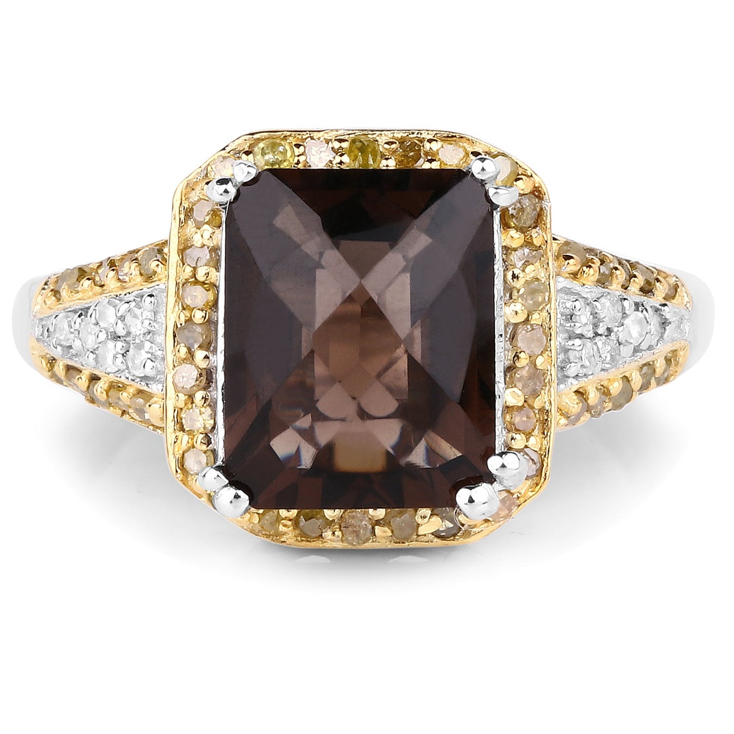 3.48 Carat Genuine Smoky Quartz, Yellow Diamond and White Diamond .925 Sterling Silver Ring