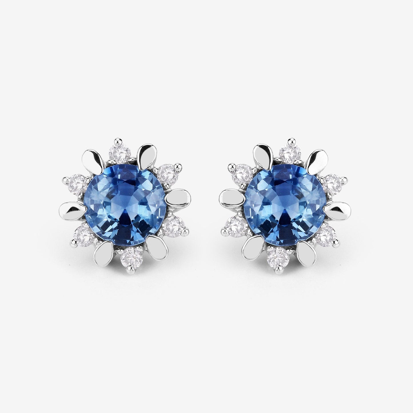 1.87 Carat Genuine Blue Sapphire and White Diamond 14K White Gold Earrings