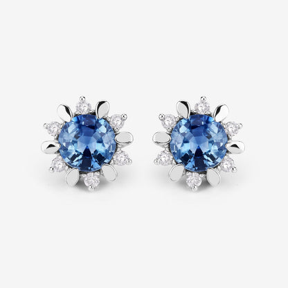 1.87 Carat Genuine Blue Sapphire and White Diamond 14K White Gold Earrings
