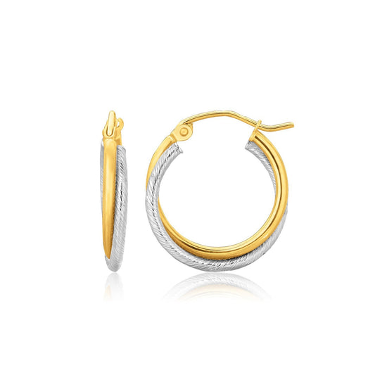 Boucles d'oreilles créoles bicolores en or 14 carats, double polissage et texture