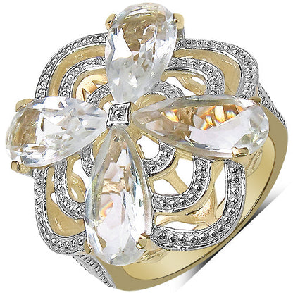 14K Yellow Gold Plated 6.69 Carat Genuine Crystal Quartz & White Diamond .925 Sterling Silver Ring
