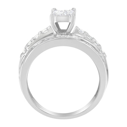 14K White Gold 1.0 Cttw Mixed-Cut Diamond Rectangle Invisible-Set Composite Cluster Ring with Bar- and Channel-Set Band (H-I Color, SI2-I1 Clarity) - Size 7