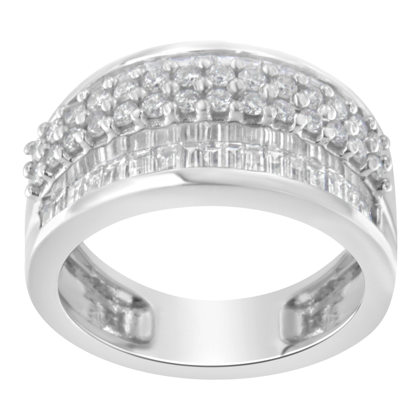14K White Gold Round and Baguette Diamond Ring (1 1/2 Cttw, F-G Color, SI1-SI2 Clarity) - Size 6-3/4