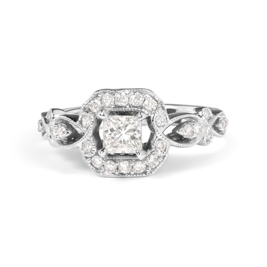 Bague de fiançailles en or blanc 14 carats avec diamant de 0,75 carat, style halo et jonc tressé (couleur G-H, pureté VS2-SI1) - Taille 7