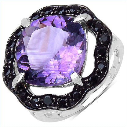 6.09 Carat Genuine Amethyst & Black Spinel .925 Sterling Silver Ring