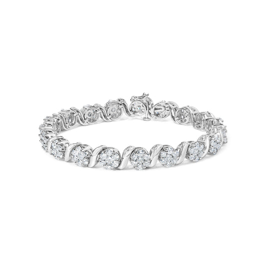 Bracelet en or blanc 14K avec grappe florale de diamants taille brillant ronds de 7 3/8 carats total et maillons en S (couleur H-I, pureté SI2-I1) - 7 pouces